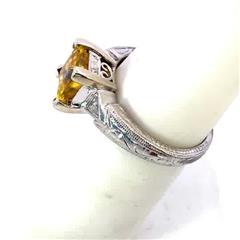 PT950 PLATINUM DIAMOND & GOLD CITRINE RING W/MILGRAIN DETAIL BAND 5